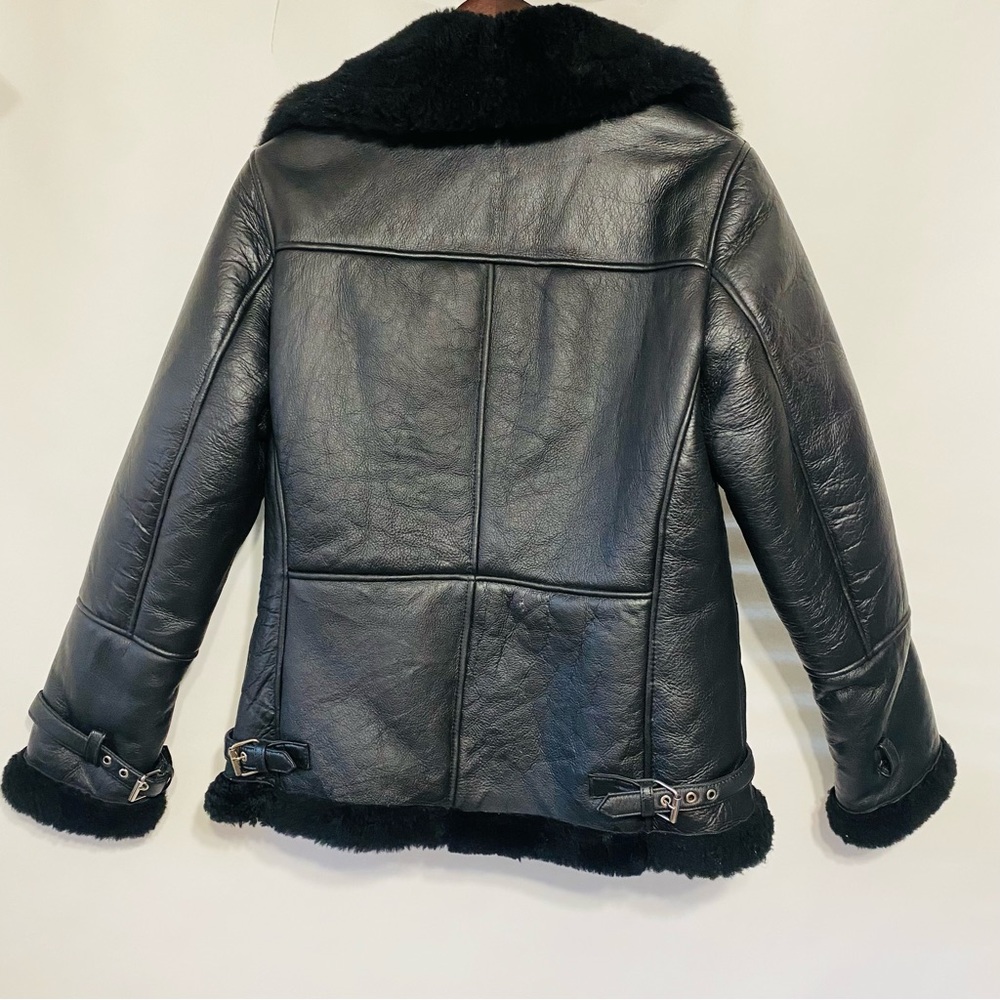 Black Leather Shearling Motorcycle Jacket Size Medium - Picture 3 of 7